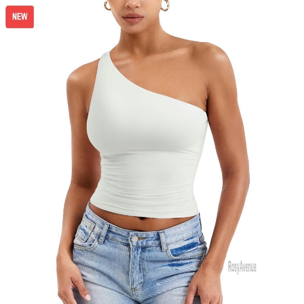 One Shoulder Sleeveless Crop Top Double Lined Y2K Slim Fit Tank